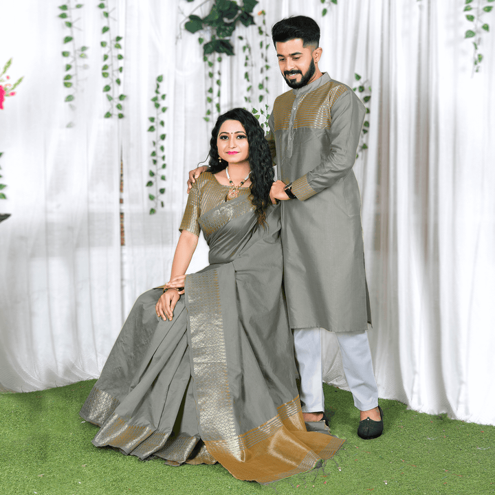Lovely Grey Couple Dress Silk Saree & Kurta