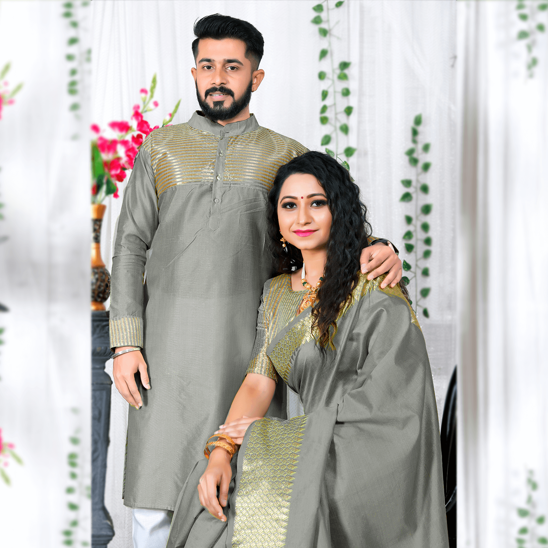 Lovely Grey Couple Dress Silk Saree & Kurta