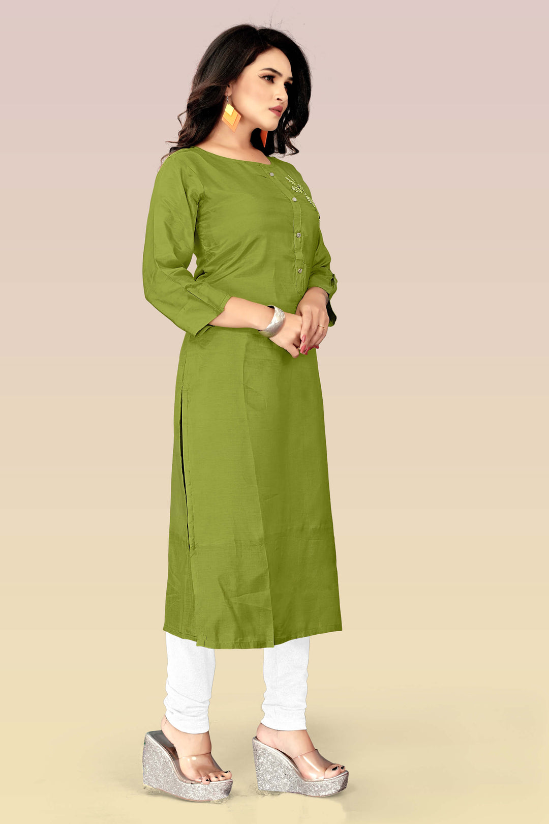 Designer Silk Olive green kurti with stylish handwork