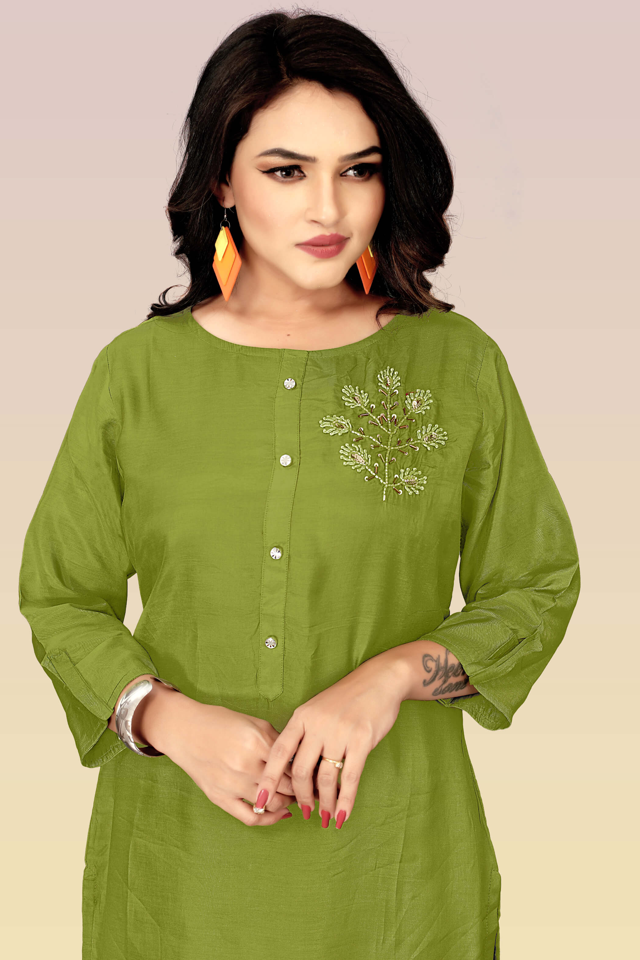 Designer Silk Olive green kurti with stylish handwork