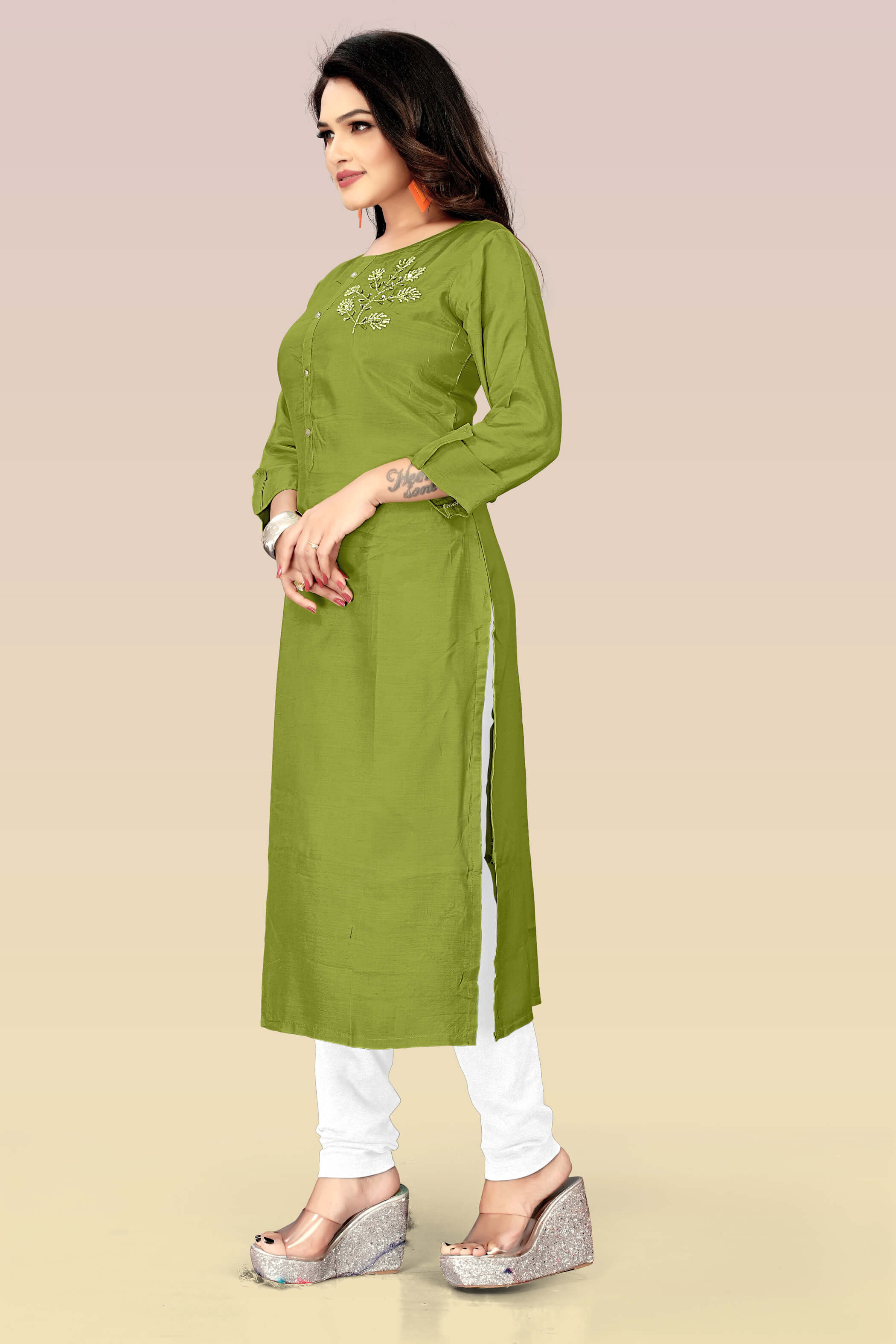 Designer Silk Olive green kurti with stylish handwork
