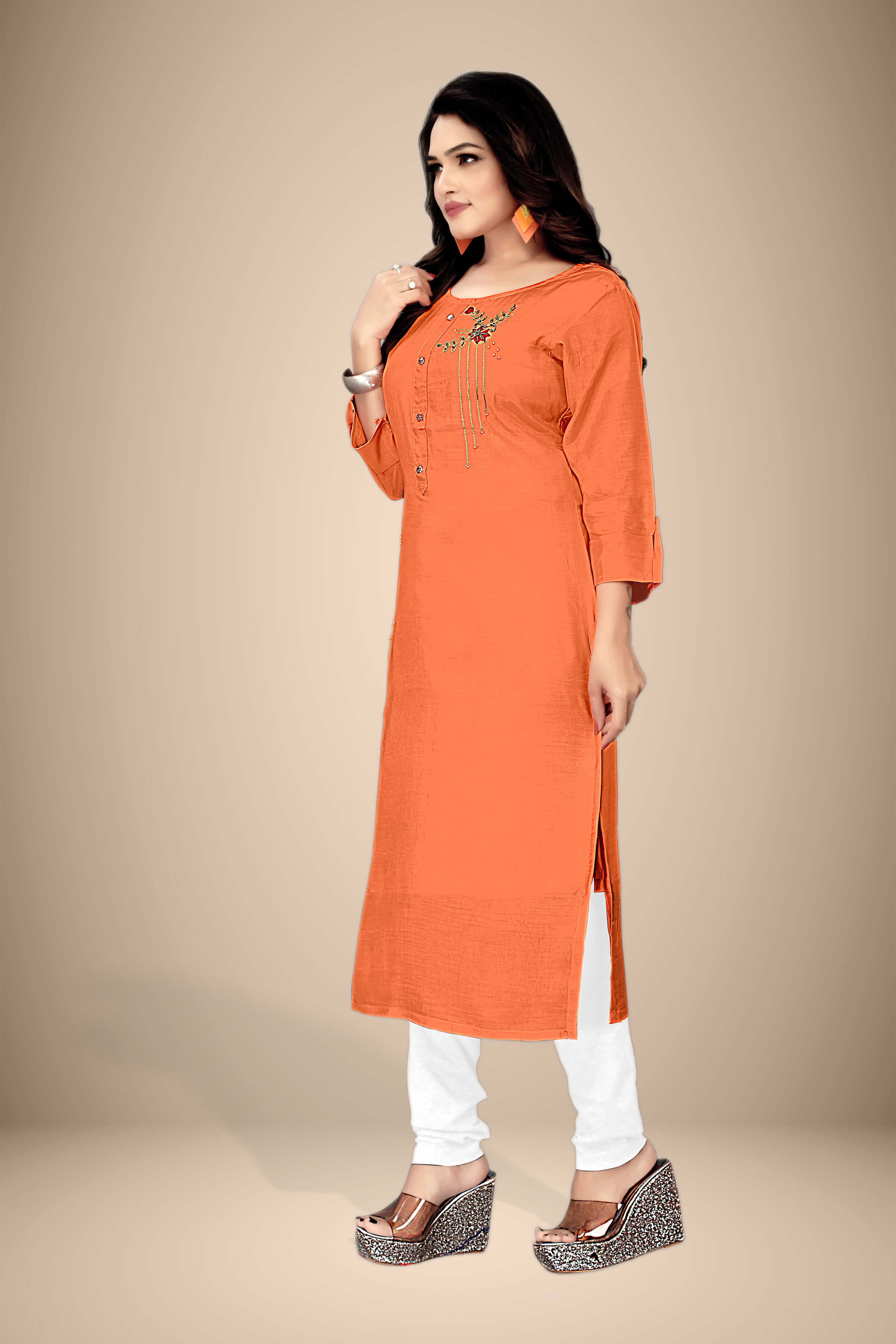 Buy Designer Silk Peach kurti with stylish handwork