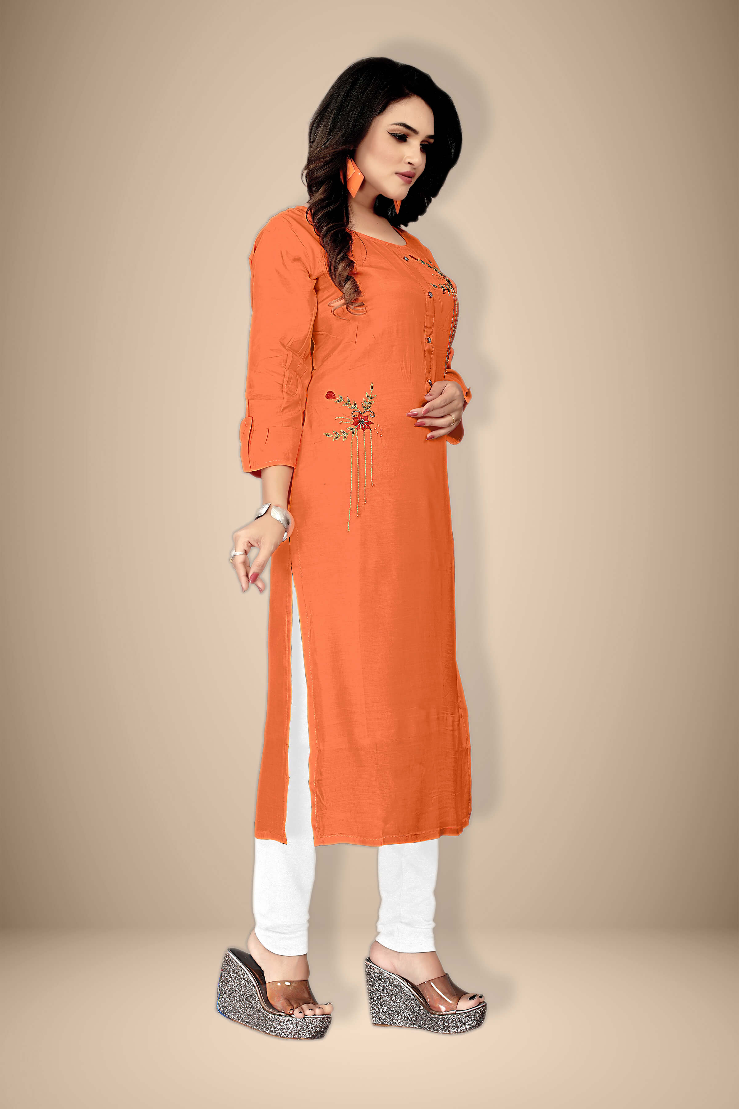 Buy Designer Silk Peach kurti with stylish handwork