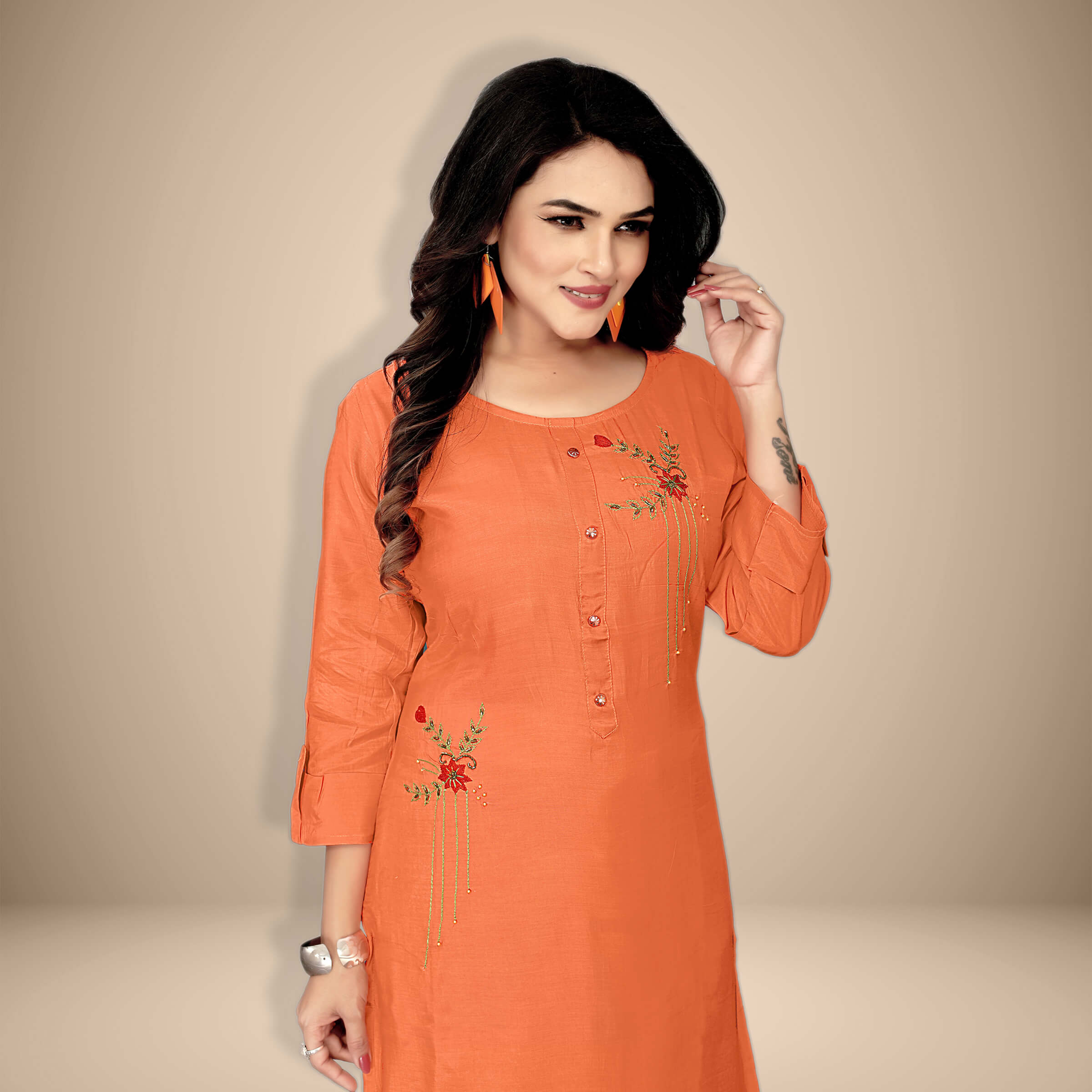 Buy Designer Silk Peach kurti with stylish handwork
