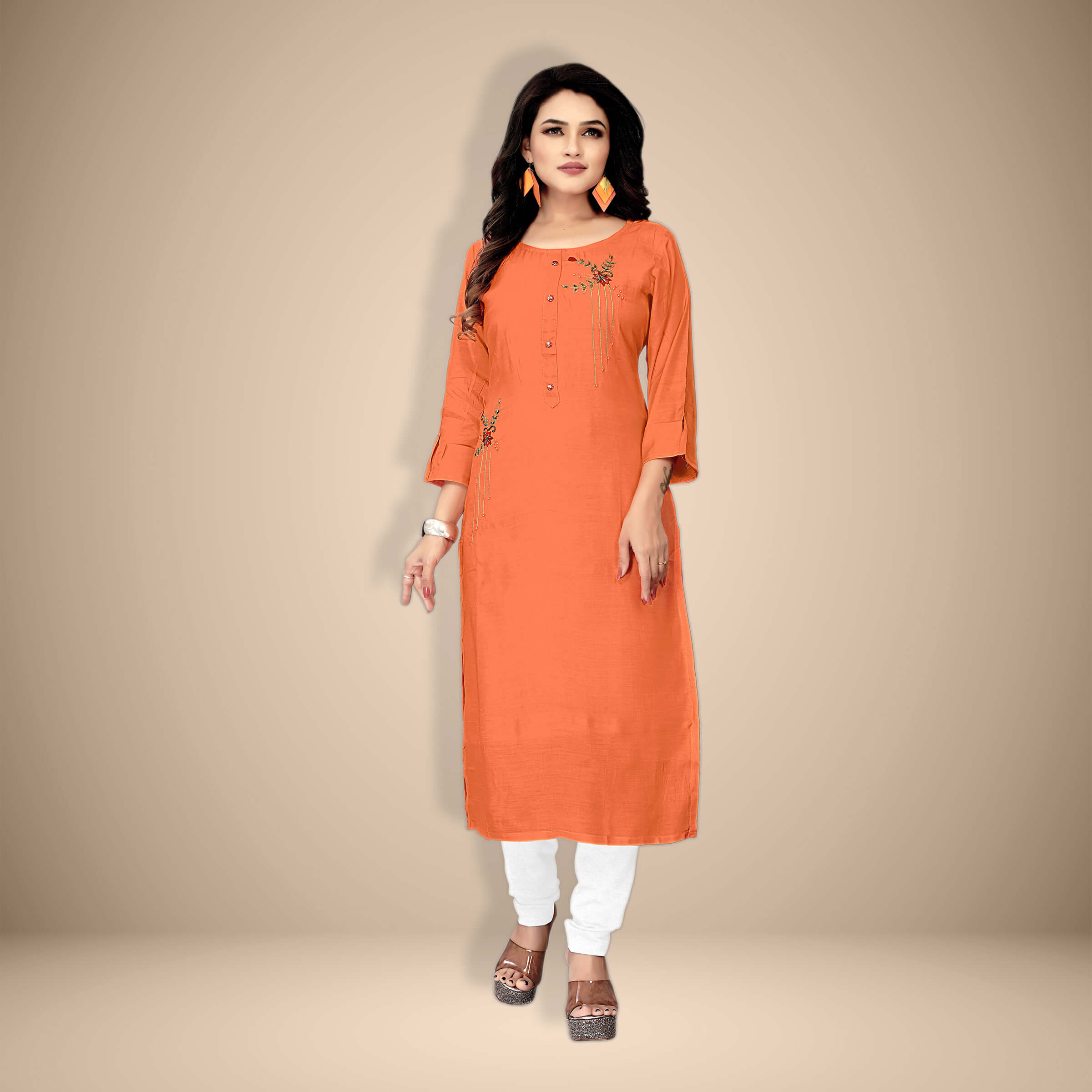 Buy Designer Silk Peach kurti with stylish handwork