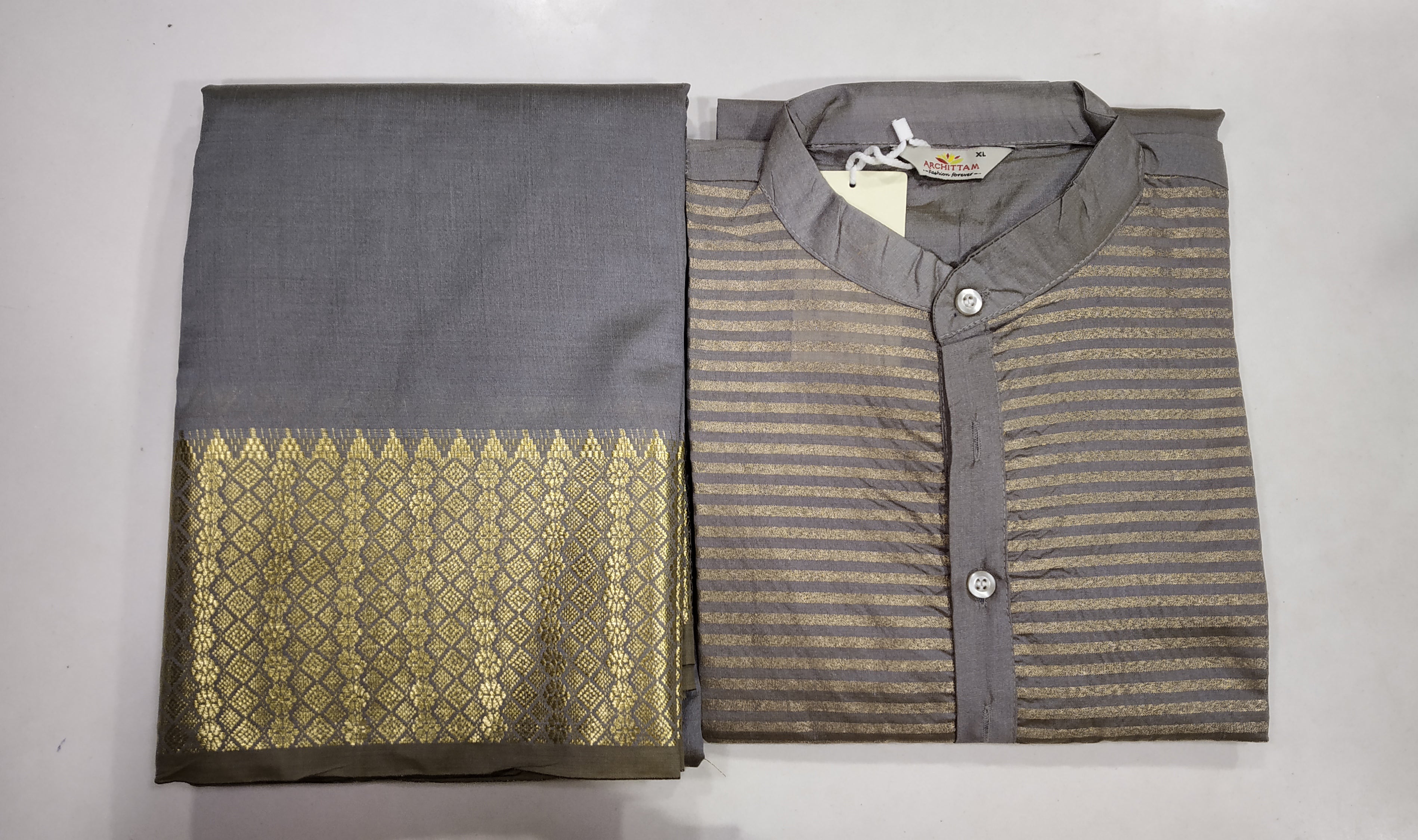 Lovely Grey Couple Dress Silk Saree & Kurta