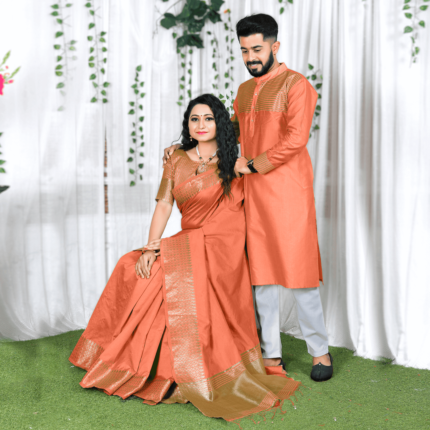 Lovely Peach Couple Dress Silk Saree & Kurta with Free Gift Kurti