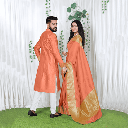 Lovely Peach Couple Dress Silk Saree & Kurta with Free Gift Kurti