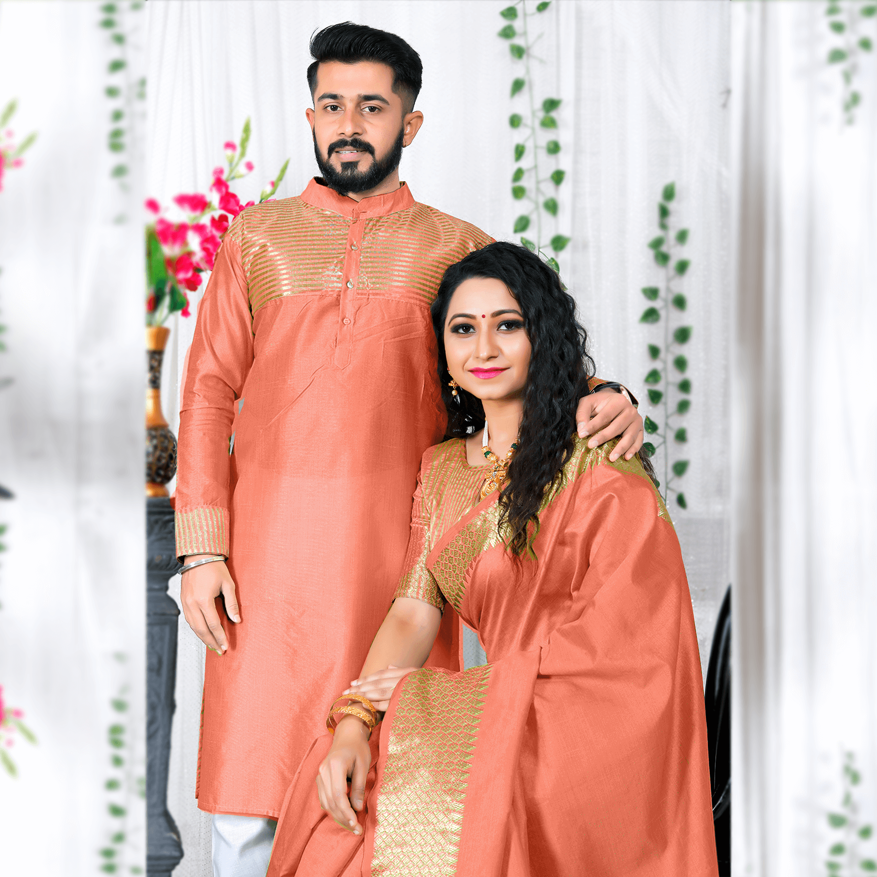 Peach Silk Saree and Kurta: Perfect Couple Dress for Special Occasions - Archittam Fashion Peach Silk Saree and Kurta: Perfect Couple Dress for Special Occasions - Archittam Fashion