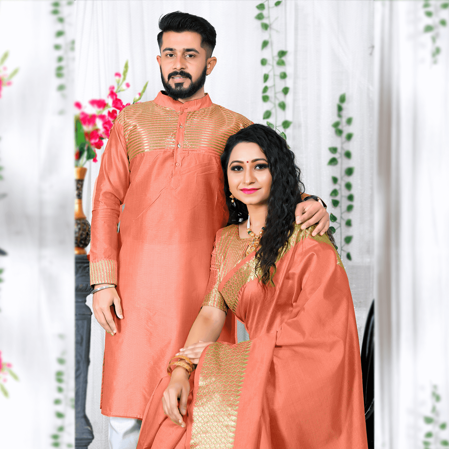 Lovely Peach Couple Dress Silk Saree & Kurta with Free Gift Kurti