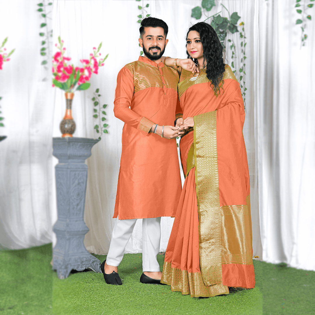 Lovely Peach Couple Dress Silk Saree Kurta