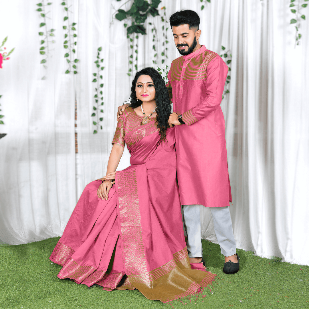 Pink Silk Saree and Kurta Pajama: Buy Couple Dress Online