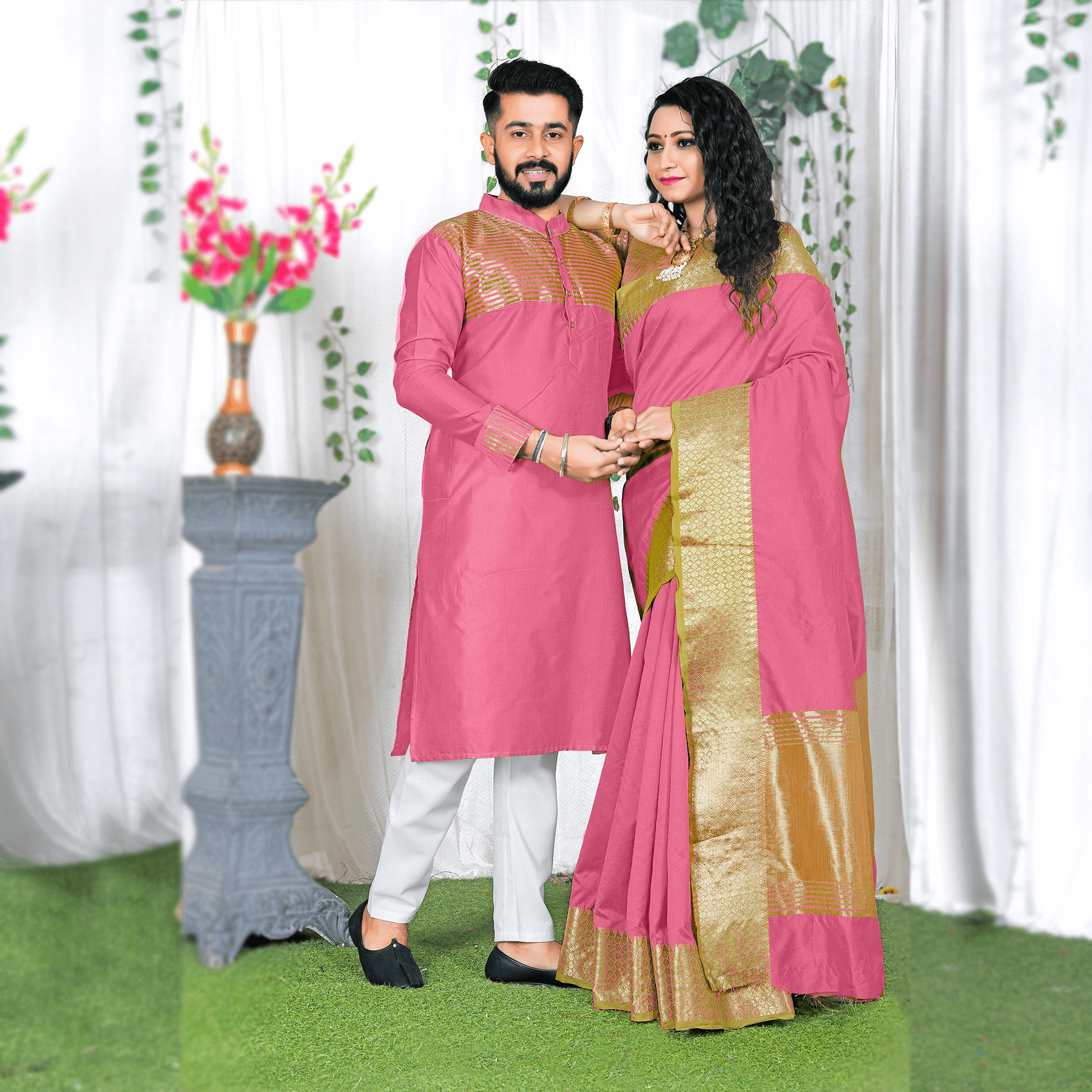 Lovely Pink Couple Dress Silk Saree & Kurta