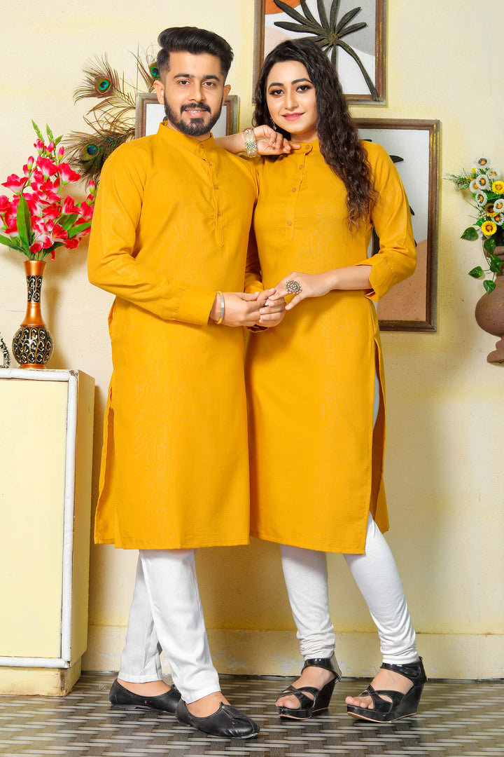 Ruby Haldi Yellow Couple Dress Cotton Kurta and Kurti