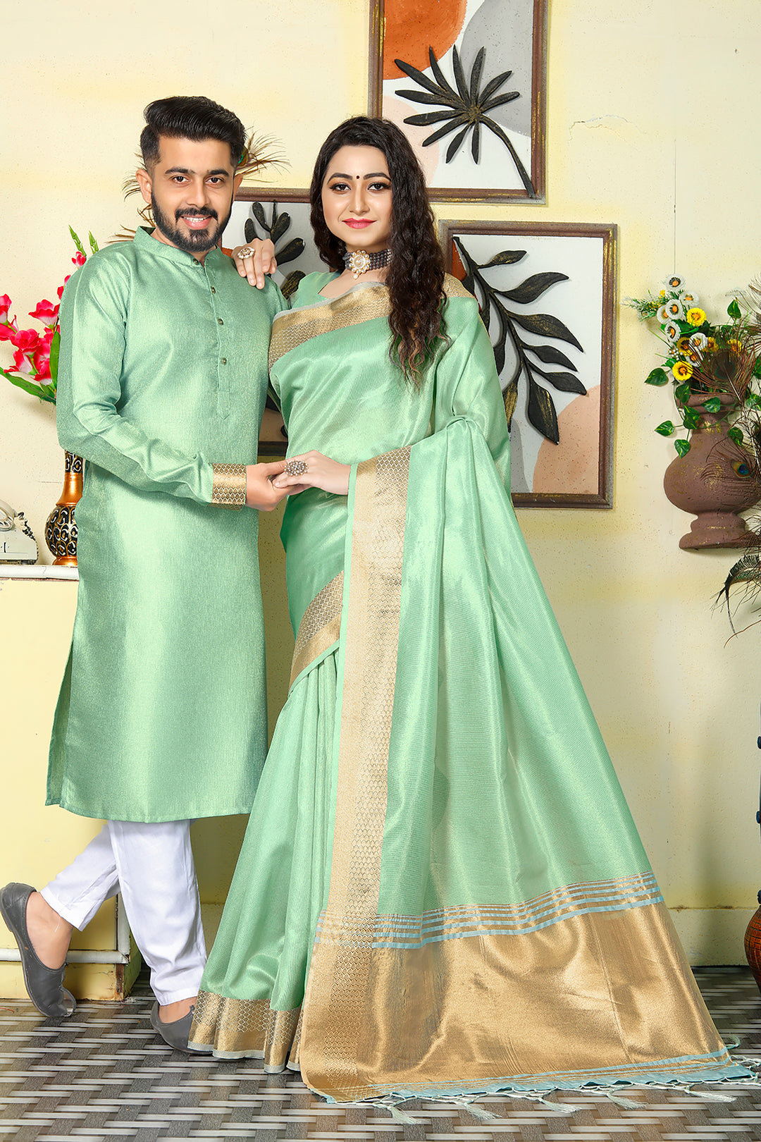 Sweety Pista Green Couple Dress Silk Saree & Kurta