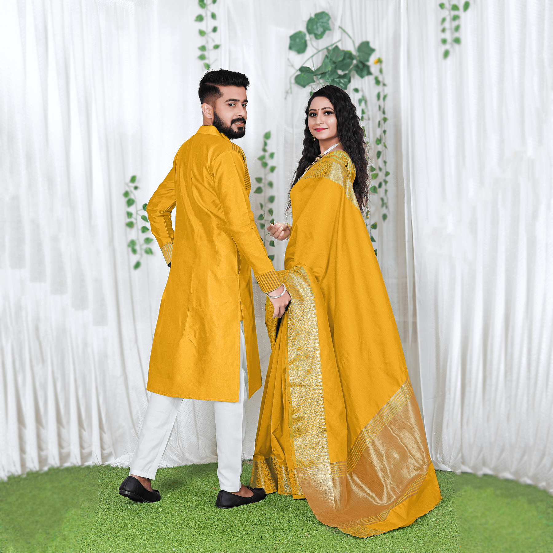 Lovely Haldi Yellow Couple Dress Silk Saree & Kurta