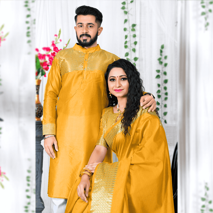Lovely Haldi Yellow Couple Dress Silk Saree & Kurta