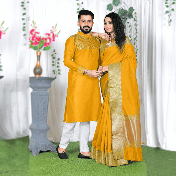 Lovely Haldi Yellow Couple Dress Silk Saree & Kurta